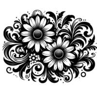 Intricate Black and White Floral Two Daisies and Flourishes on White Background, Ornamental, Elegant, and Detailed. vector