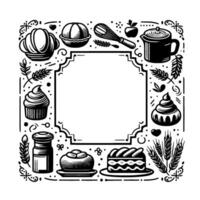 Decorative Black and White Illustration of Baking Tools, Pastries, and a Frame, Perfect for Bakery Menu . vector