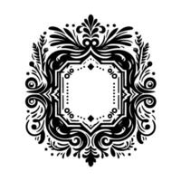 Ornate, symmetrical black and white illustration of a decorative frame with floral and geometric elements, perfect for . vector