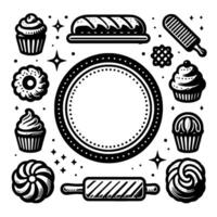 Black and White Bakery Illustration with Various Pastries, Bread, Cupcakes, Rolling Pin, and Circular Frame Elements. vector