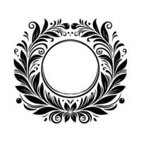 Elegant Black and White Floral Frame with Circular Center, Flourishes and Leafy , a Classic Decorative Element. vector