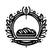 Intricate black and white bread within a circular frame, adorned with leaves, wheat, and a ribbon, minimalist . vector