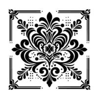 Symmetrical black and white floral ornamental with a square frame, consisting of leaves, dots, and scrolling elements. vector