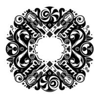 Symmetrical Black and White Mandala Featuring Candy Canes, Swirls, and Ornamental Floral Elements with a Central Circular Void vector