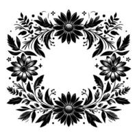 Elegant symmetrical floral frame illustration with four stylized daisy flowers, leaves, and decorative elements, creating a beautiful black and white circular . vector