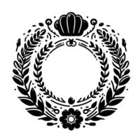 Elegant Black and White Floral Wreath with Circular Frame, Decorative Elements, and Minimalist Aesthetic. vector