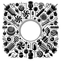 Circular monochrome candy and sweets pattern with a blank central circle, surrounded by lollipop and sweets designs. vector