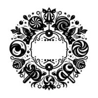 Circular Black and White Decorative Emblem Featuring Lollipops, Swirls, Flowers, Leaves, and an Empty Rectangular Center. vector