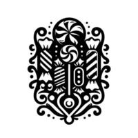 Black and White Illustration of Candies, Lollipops, and Sweets Arranged in an Elegant Ornate Pattern with a Clean Aesthetic. vector