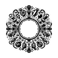 Ornate Circular with Candies, Lollipops, and Floral Motifs in Black and White, with a Blank Center for Text vector