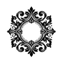 Ornate Black White Decorative Circular Floral Frame with Scrollwork, Leaves, and a Central Empty Circle, Isolated on White. vector