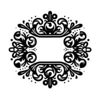 Symmetrical Black and White Floral Frame with Ornate Scrollwork, Dots, and Blank Rectangular Center on White Background. vector