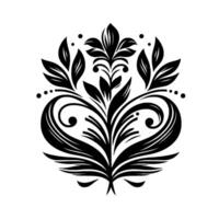Symmetrical Black and White Ornamental Featuring Floral and Leaf Elements, with Curlicues and Dot Accents on a White Background. vector