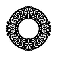 Symmetrical, monochrome floral circle frame with intricate cutout details, decorative on white background, evoking elegance. vector