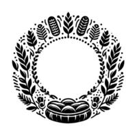 Ornate Black and White Wreath , featuring a basket with multiple eggs, and a variety of leaves, botanical elements, and dots. vector