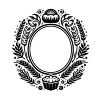 Black and White Floral Bakery Illustration with a Central Circular Frame, Wreath , and Wheat Elements. vector