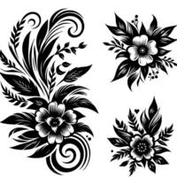 Intricate Black White Floral Arrangement Elegant bouquets sprigs, ornate patterns, botanical elements on a white background. vector