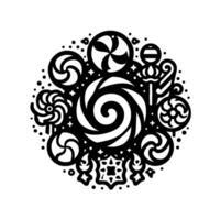 Circular Black and White Illustration Featuring a Variety of Stylized Candies, Lollipops, and Decorative Elements in a Concentric Arrangement. vector