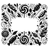 Intricate Black and White Candy Frame with Lollipops, Swirls, and Sweets Enclosing a Blank Center for Text or Graphics, Whimsical Decorative . vector