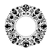 Black White Circular Decorative Pattern Floral Wreath with Lollipop, Berries, and Ornament Elements, Minimalist . vector