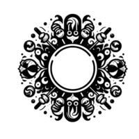 Black and white circular ornamental featuring whimsical figures and confectioneryinspired motifs, perfect for decorative framing. vector