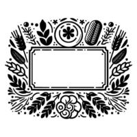Monochromatic Floral and Botanical Frame with Central Blank Space, Featuring Wheat, Leaves, Flower, and Decorative Elements. vector