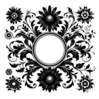 Ornate floral in black and white, featuring a central empty circular frame, surrounded by detailed daisies and elegant scrolling foliage elements, evoking a vintage aesthetic. vector
