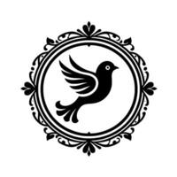 Elegant Black and White Stylized Bird in Ornate Circular Frame, Symbol of Peace, Grace, and Decorative . vector