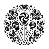 Intricate black and white circular featuring stylized lollipops, floral elements, and decorative flourishes, creating a symmetrical and whimsical pattern. vector