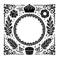Decorative square frame with ornamental borders, stylized bakery elements, cupcake, floral and leaf motifs in black and white, perfect for invites. vector