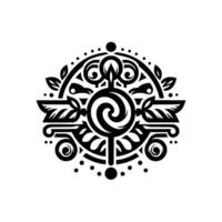 Intricate Black and White Ornamental Featuring Swirls, Leaves, and Circular Composition Centered on a Lollipoplike Focal Point. vector