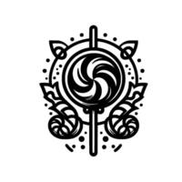 Intricate black and white lollipop illustration, featuring decorative floral elements, swirl patterns, and dotted circular frame on a plain white background. vector