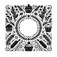 Decorative Baking Frame with Cupcakes, Rolling Pins, and Floral Elements in Black and White. vector