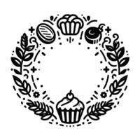 Black and white circular illustration with desserts and botanical elements, forming a decorative frame or wreath. vector