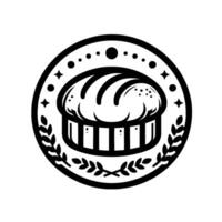 Circular black and white bakery featuring a loaf of bread above stylized pillars, with decorative laurel and celestial elements. vector