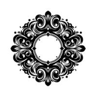 Intricate Black and White Circular Ornamental with Swirls, Flourishes, Geometric Shapes, and a Central Empty Circle, Set Against a Clean White Backdrop. vector
