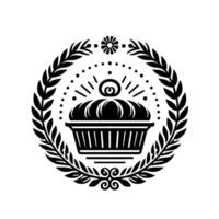 Elegant Black and White Bakery featuring a stylized cupcake, floral elements, and laurel wreath, with a vintage, minimalist . vector