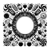Intricate black and white circular featuring a blank circle center surrounded by sweet treats, swirls, and ornamental patterns. vector