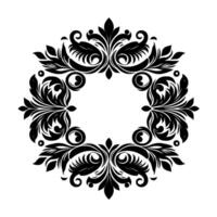 Intricate, symmetrical, black and white floral mandala with ornamental leaves and curls radiating from a central open space. vector