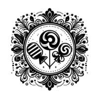 Intricate black and white emblem featuring three stylized lollipops within a decorative floral circle frame, dots and ornate patterns. vector