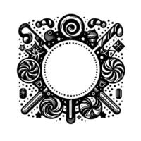 Black White Illustration Festive Candy Frame with Lollipops, Swirls, Stars, and Space for Central Text or Image, Circular Arrangement. vector