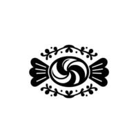 Monochromatic candy featuring a swirling inside a wrapper, surrounded by an ornate floral border, set against a plain white background. vector