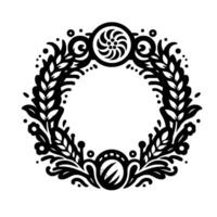 Circular Monochromatic Decorative Wreath Featuring Floral, Foliage, and Abstract Ornamentation with Symmetrical on a White Background. vector