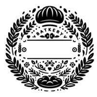 Black and white bakery emblem in circular with leaves, bread illustrations, and a customizable blank space. vector