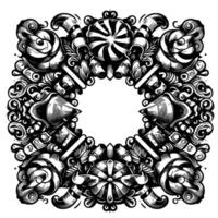 Intricate Black and White Illustration Symmetrical Ornamental Candy and Scroll , Square Frame, Engraving Style, Decorative Border. vector