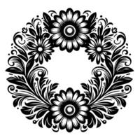 Intricate black and white circular floral wreath, composed of detailed blossoms, leaves, and ornamental flourishes, creating a symmetrical with a blank central space. vector