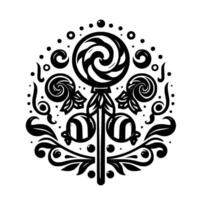 Ornamental Lollipop Medley Monochromatic with central swirl, surrounded by candy elements, floral motifs, and decorative dots on a white background. vector