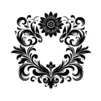 Intricate Black and White Floral Ornament with Central Flower and Decorative Swirls. vector