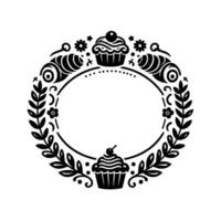 Elegant black and white cupcake and floral wreath frame with an empty oval interior for text or graphics on a white background. vector