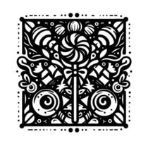 Intricate Black and White Pattern of Confectionery Delights Swirl Lollipop, Candies, and Decorative Elements in a Square Frame. vector